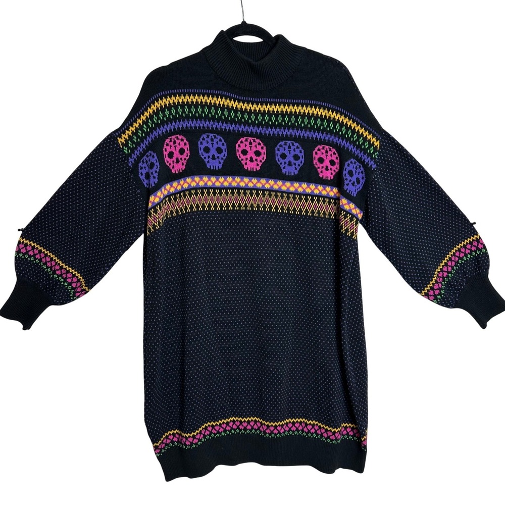 ModCloth Black Skull‎ Fair Isle Turtleneck Sweater Dress 1X